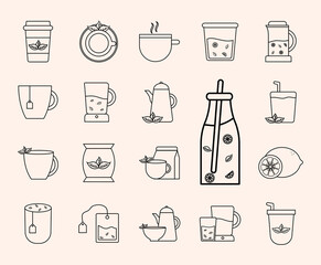 tea line style set of icons vector design