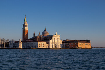 Fototapeta na wymiar Looking across the Venetian lagoon to Church of San Giorgio Maggiore on the San Giorgio Maggiore island