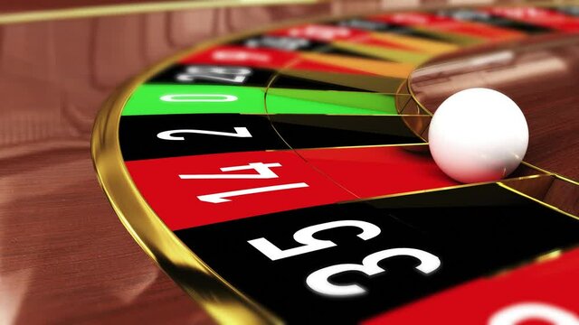 Casino Roulette wheel - Lucky number 14 red (fourteen red). 4k 3D realistic animation of a casino roulette wheel with the ball landing on lucky number 14 red