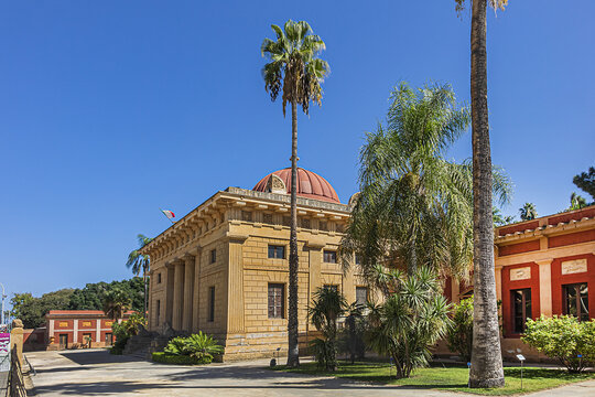 Neoclassical style buildings of Palermo Botanical Garden (Orto Botanico di Palermo, 1789) - institution part of Palermo University. PALERMO, SICILY, ITALY. September 30, 2018.