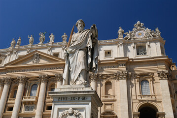 Fototapeta na wymiar Statue of St Paul in front of Saint Peters Basilica in Rome