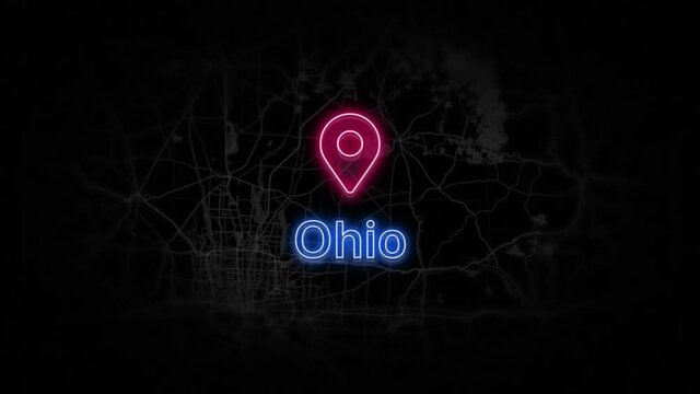 Ohio State of the United States of America. Animated neon location marker on the map. Easy to use with screen transparency mode on your video. 4k 30 fps.