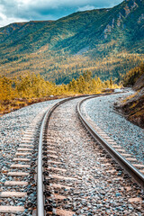 Fototapeta premium Curvy railroad in the wilderness of Alaska leading to Denali National Park
