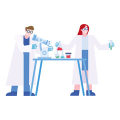 chemical man and woman with microscope and flasks at desk vector design