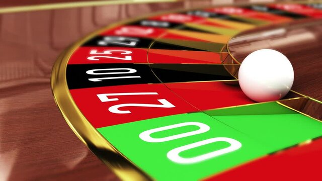 Casino Roulette wheel - Lucky number 27 red (twenty-seven red). 4k 3D realistic animation of a casino roulette wheel with the ball landing on lucky number 27 red