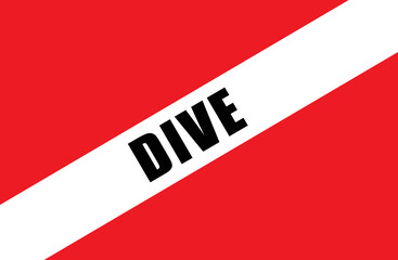 Red and white scuba dive flag with black letters spelling Dive