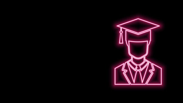 Glowing neon line Male graduate student profile with gown and graduation cap icon isolated on black background. 4K Video motion graphic animation