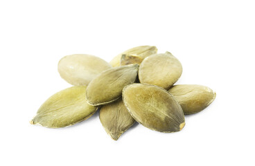 Pile of peeled pumpkin seeds isolated on white