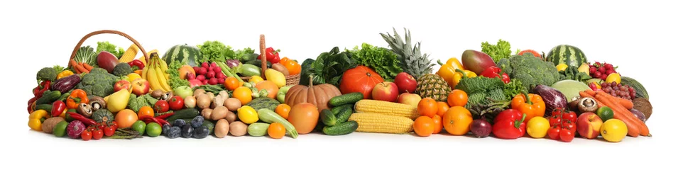 Crédence de cuisine en verre imprimé Légumes frais Collection of fresh organic vegetables and fruits on white background. Banner design