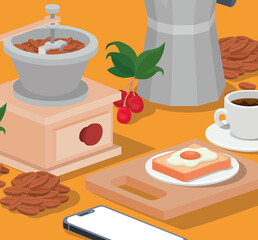 coffee grinder breakfast and smartphone vector design