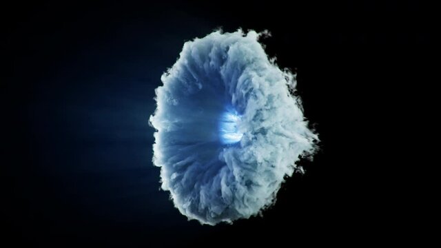 Abstract portal of clouds and smoke. Opening vortex smoke portal with shine light. Gateway to another dimension of the world. Emission blue energy within the portal. 3D, 4k animation with alpha.