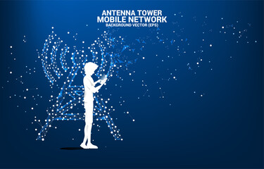 Silhouette of man use mobile phone Antenna Tower icon polygon style from dot and line connection. Concept of telecommunication mobile and data technology