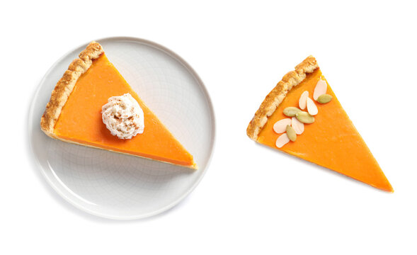 Two tasty pumpkin pie slices on white background, top view