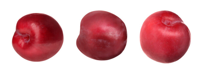 Set of fresh ripe plums on white background. Banner design