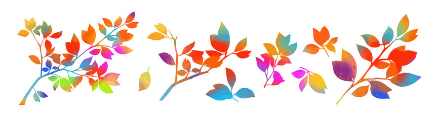 Set of abstract rainbow tree twigs. Colored leaves on a tree branch. Vector illustration