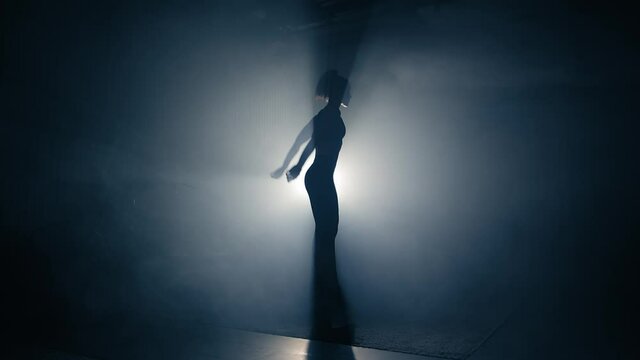 Fit woman training. Backlighted woman silhouette doing squat jump exercises. Side view, slow motion.