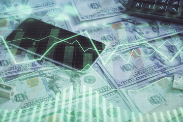 Double exposure of forex graph drawing over us dollars bill background. Concept of financial markets.