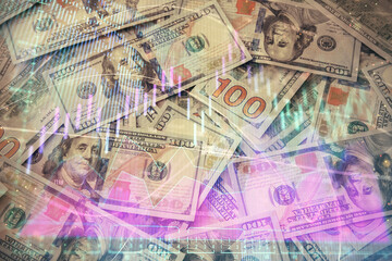 Multi exposure of forex chart drawing over us dollars bill background. Concept of financial success markets.