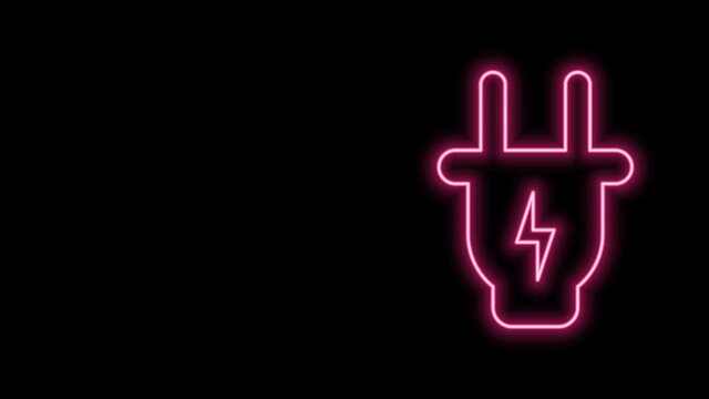 Glowing neon line Electric plug icon isolated on black background. Concept of connection and disconnection of the electricity. 4K Video motion graphic animation