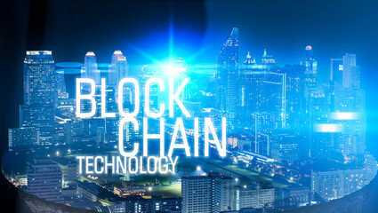Blockchain , cryptocurrencies , bitcoin and distributed ledger technology concept. capital city and...