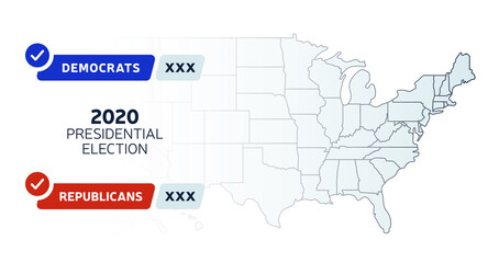 2024 USA Presidential election results map. Usa map voting. Presidential election map each state american electoral votes showing republicans or democrats political vector infographic