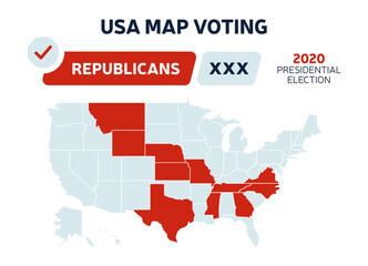 Obraz premium USA Presidential Republicans election results map. Usa map voting. Presidential election map each state american electoral votes showing republicans or democrats political vector infographic