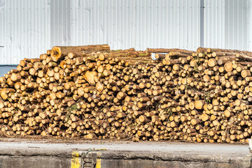 Stack of firewood ad wood logs waiting to be loaded on cargo ship for export in Wicklow commercial port, Ireland