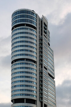 leeds, england - 4 February 2019: vertical side view of Bridgewater Place building the tallest structure in leeds against a blue cloudy sky