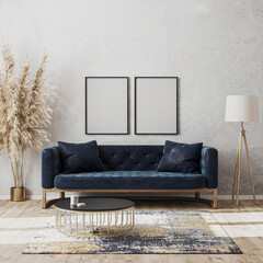 Blank frames mock up on wall in modern living room luxury interior design with dark blue sofa, decorative rug, floor lamp and stylish decoration, 3d rendering