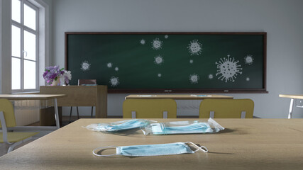 Medical Face Masks on the Classroom Desk with Virus Drawings on the Chalkboard in Natural Daylight 3D Rendering