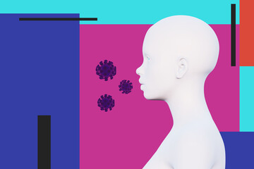 minimal female head and virus cells, cough, side view, spread virus infection concept, place for text, 3d render