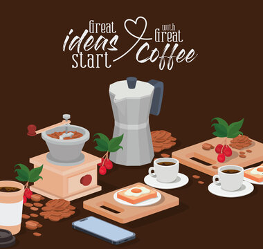 coffee moka pot grinder cups smartphone beans berries and leaves vector design