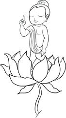 Buddha's mother standing under the cannon Ball Tree with little Lord Buddha is Born and standing on seven Lotus flower