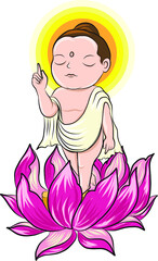 Buddha's mother standing under the cannon Ball Tree with little Lord Buddha is Born and standing on seven Lotus flower