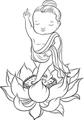 Buddha's mother standing under the cannon Ball Tree with little Lord Buddha is Born and standing on seven Lotus flower