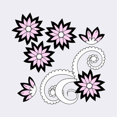 Fototapeta na wymiar colorful pattern with isolated black pink doodle flowers