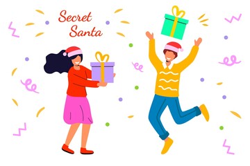 Secret Santa People celebrating cristmas with friends or colleagues at work Christmas or new year banner, flyer, landing page Traditional winter holiday celebration Secret Santa surprises unwrapping