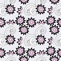 seamless pattern with black pink doodle flowers