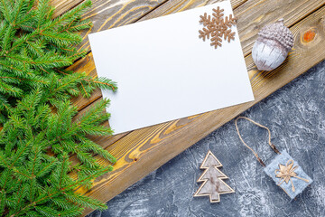 christmas greeting card with seasonal decoration, copy space