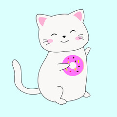 White Cat Holding Donut Illustration Vector.