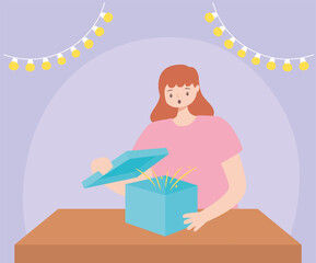 surprised woman opening gift box party celebration