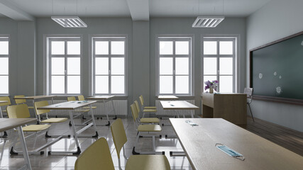 Fototapeta na wymiar Classroom Rendering in Natural Daylight with Medical Face Masks on the Desks 3D Rendering