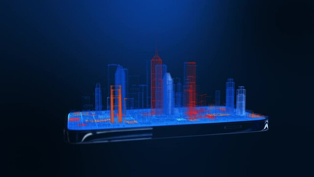 Smart city concept, Blue orange wireframe city buildings on cell phone. 3D Rendering.
