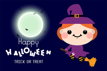 Halloween cartoon Witch on broomstick character. Vector illustration