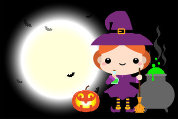 Halloween cartoon Witch with broomstick character. Vector illustration