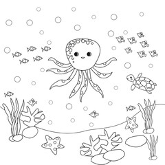 Sea Underwater World Coloring Page Illustration Vector. Perfect for Coloring Book for Kids.