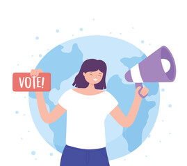 election day, woman with megaphone vote sign and world background