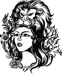 Native American girl with Wolf headdress full color.Tattoo Women set. Isolated flash of classic women tattoo vectors.Native American girl with Tiger headdress Lineart old school tattoo
