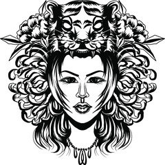 Neo Traditional Tattoo style, Native American girl with Tiger headdress Lineart old school tattoo