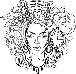 Native American girl with Wolf headdress full color.Tattoo Women set. Isolated flash of classic women tattoo vectors.Native American girl with Tiger headdress Lineart old school tattoo